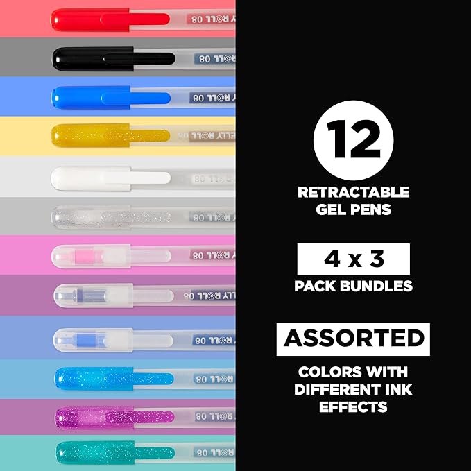 SAKURA Gelly Roll Retractable Gel Pens - Classic, Craft, Stardust & Metallic - Medium Point Ink Pens for Journaling, Art, or Drawing - Assorted Colored Ink - 12 Pens
