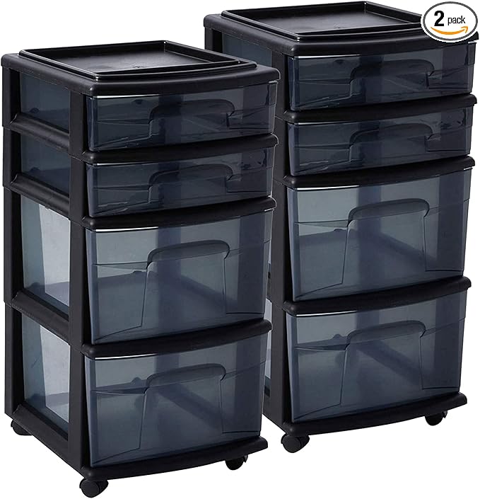 HOMZ 2-Pack 4-Drawer Plastic Storage Cart, Home & Office Organizer, Black-Clear