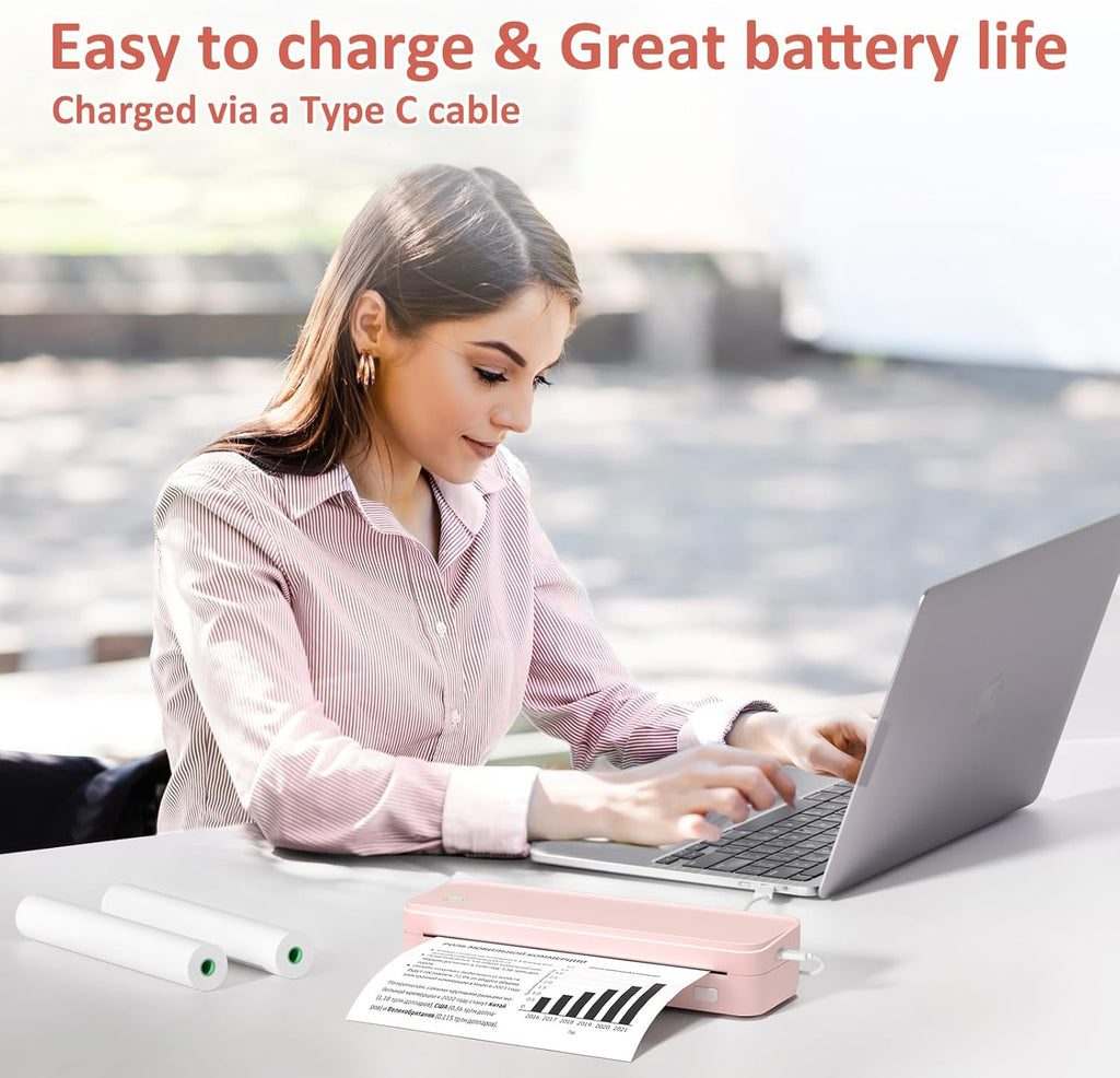 Inkless Portable Printer for Travel, Wireless Thermal Printer Supports 8.5 x 11 Inch US Letter Size, Bluetooth Machine Includes Carry Case and 3 Rolls of Thermal Paper Kit, Pink