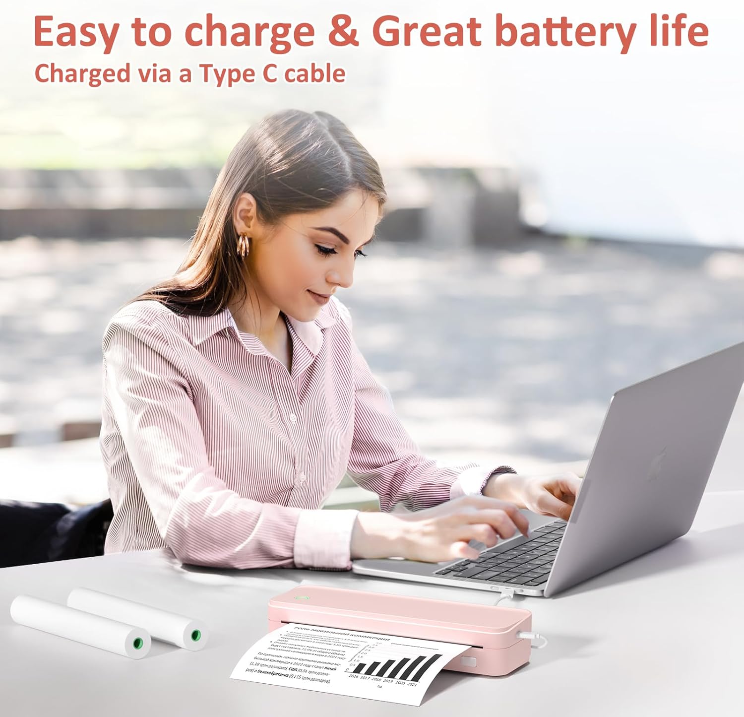 Inkless Portable Printer for Travel, Wireless Thermal Printer Supports 8.5 x 11 Inch US Letter Size, Bluetooth Machine Includes Carry Case and 3 Rolls of Thermal Paper Kit, Pink