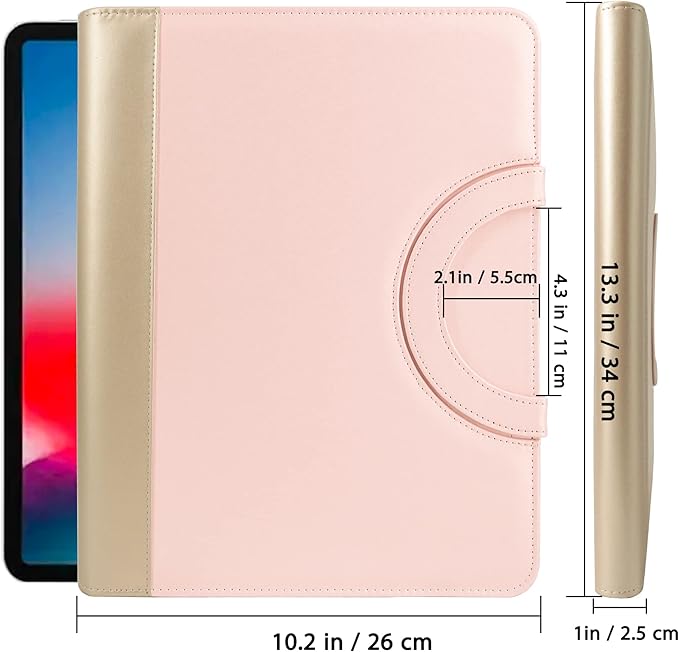 GraduatePro Portfolio Binder Leather Zippered Padfolio Folder Business Case Organizer Bag for Pad Notebook Resume with Clipboard for Women Graduation Gift, Pink