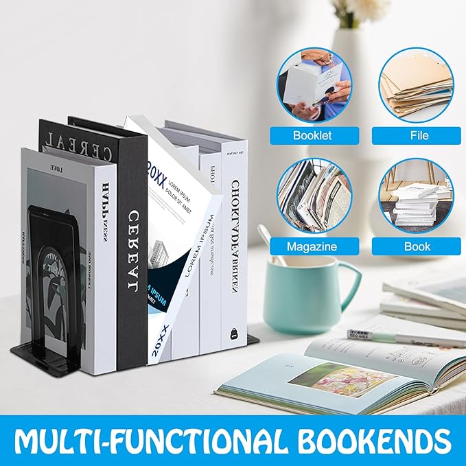 14 PCS/7 Pair Bookends,Book Ends for Shelves,Metal Bookends,Heavy Duty Bookends,Black Book Ends,Non-Skid Bookend,Universal Book Stopper for Heavy Books/Movies/CDs,Office Home,6.5 x 4.9 x 5.7in