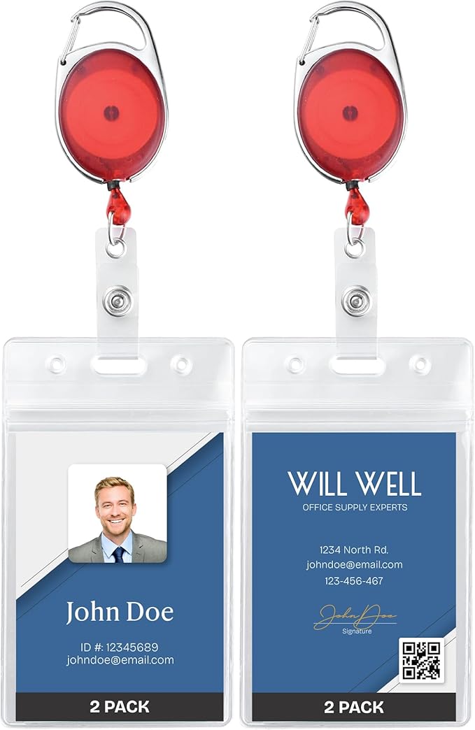Will Well ID Badge Holders with Clip and Keyring - Vertical Clear Plastic 3.7" x 2.5" Sleeves Fit Up to 3 Cards - Retractable 24" UHMWPE Fiber Pull Cords - 2-Pack, Transparent Red Reels