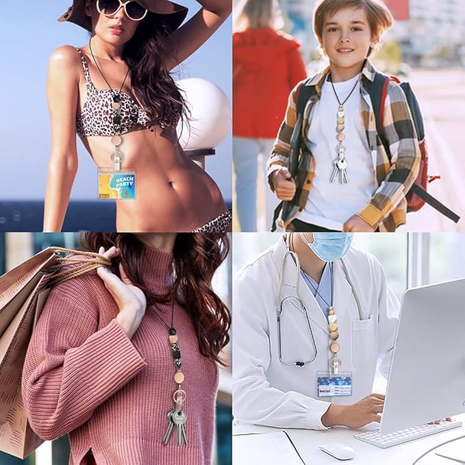 2PCS Retractable Lanyards for ID Badges and Keys, Cute Breakaway Teacher Lanyard with Badge Holders and Reels, Silicone Beaded Lanyard for Women, Nurses, Office with 4 Waterproof Card Holders