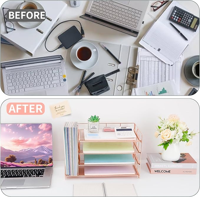 OPNCIE Desk Organizers and Accessories, 4 Tier Paper Letter Tray File Organizer, Office Organization Storage Desk Accessories Workspace Desktop Organizer for Classroom Office Supplies Decor, Rose Gold