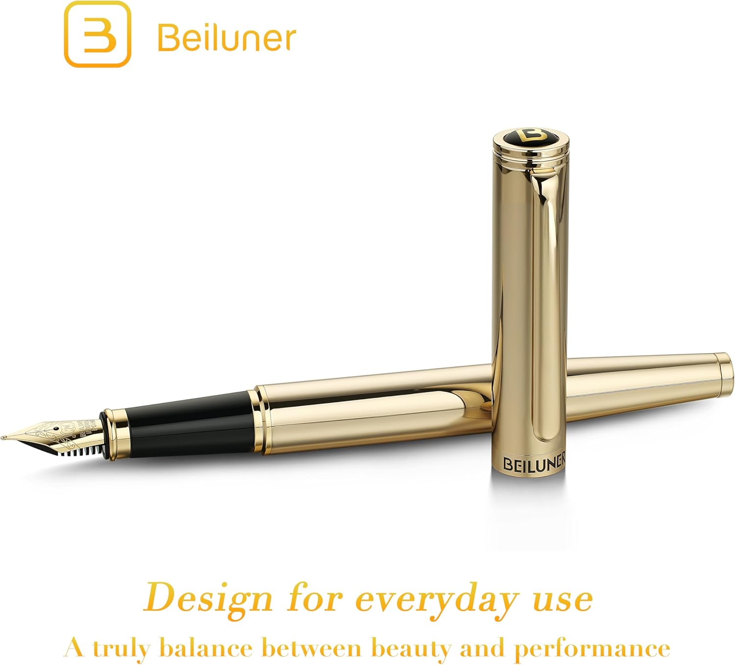 BEILUNER Gold Fountain Pen,Stunning Luxury Pens with 24K Gold Finish, Gorgeous 24K Gilded Nib(Medium), Ink Converter,Fancy Pen Gift for Men&Women-Elegant, Office, Professional, Reliable, Nice Design