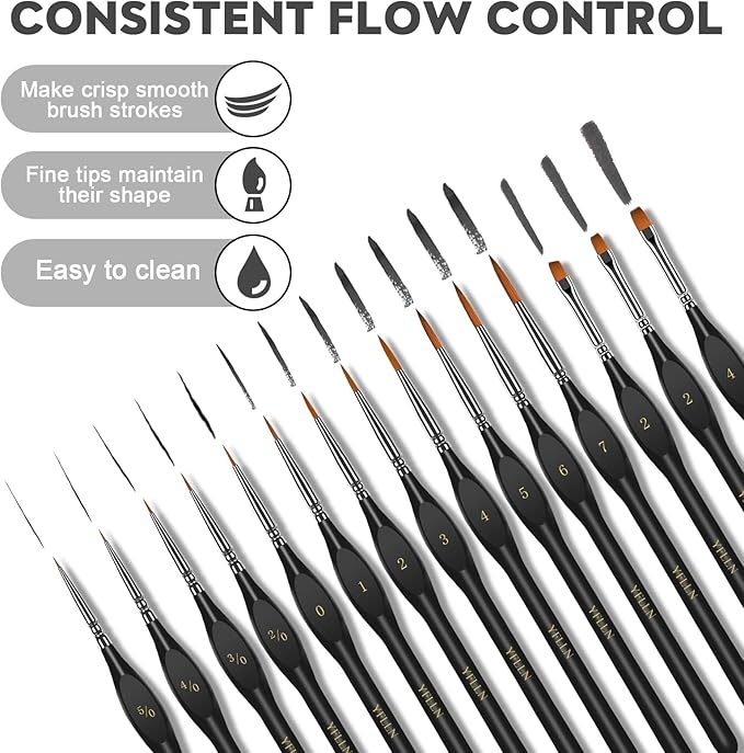 Miniature Paint Brushes, 15PCS Model Brushes Micro Detail Paint Brush Set, Fine Detailing for Watercolor, Oil, Face, Acrylic, Nail, Line Drawing, Scale Model Painting, Mandala Painting（Black）