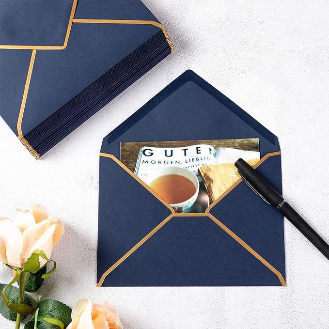 50 Pack Navy Blue A4 Envelopes 4x6 Self-Adhesive V Flap Envelopes with Gold Border for Office, Greeting Card, Wedding, Graduation, Baby Shower, Parties, Invitations (4.25x6.25 inches)