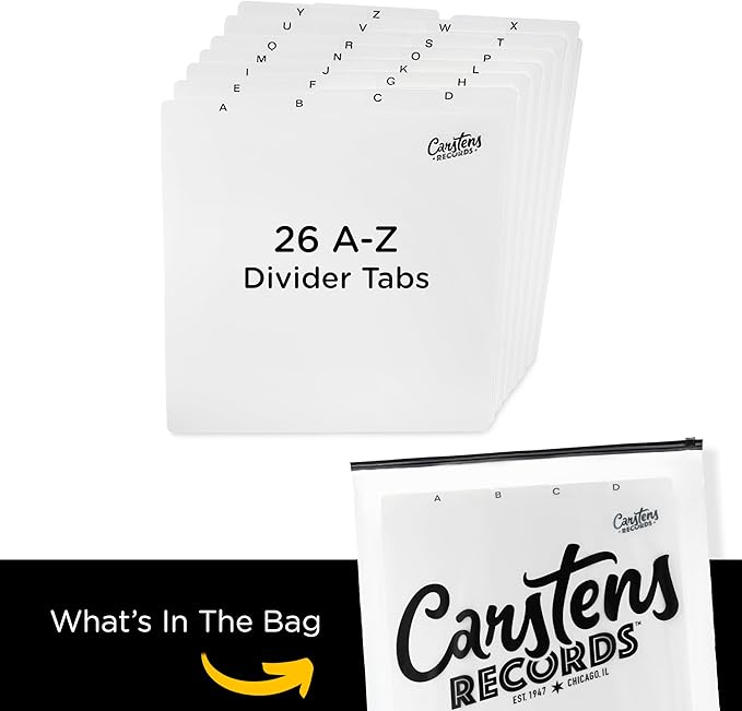 Heavy Duty Vinyl Record Dividers A-Z| 12" Record Dividers with Tabs | Pack of 26 Record Alphabet Dividers | White | Made in The USA | Vinyl Record Organizer Tabs for Top Browsing