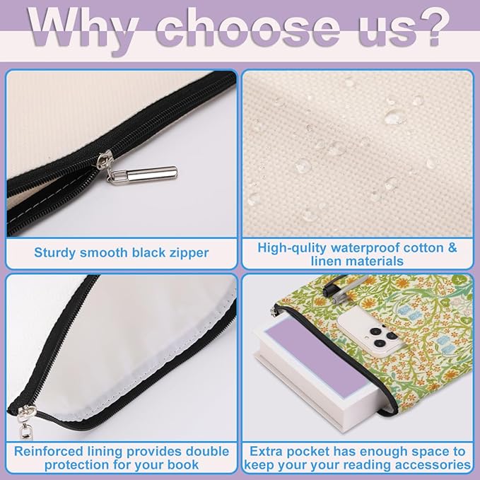 Retro Floral Book Sleeve Book Cover Classic Flower Book Protector with Zipper Christmas Birthday Book Club Gifts Book Accessories for Women Bestie Teacher Librarian Girls Bookish Book Lovers Gifts