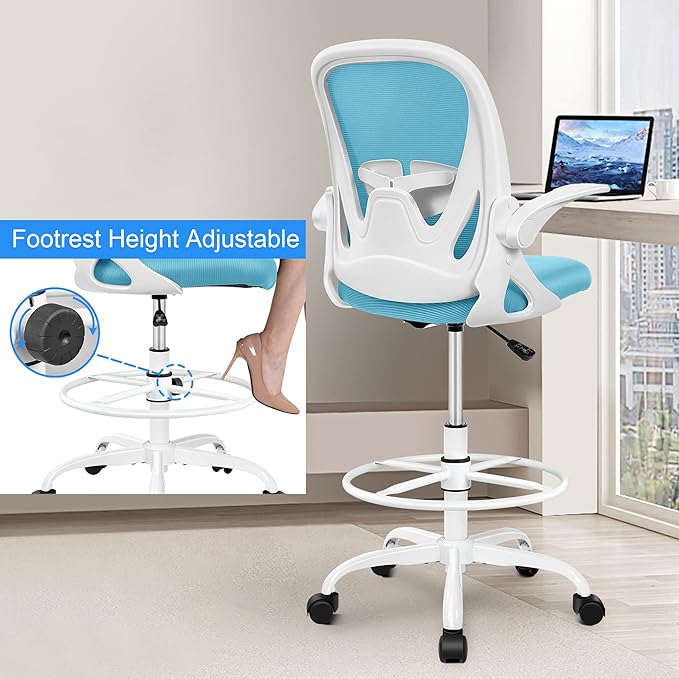 Primy Drafting Chair Tall Office Chair with Flip-up Armrests Executive Ergonomic Computer Standing Desk Chair with Lumbar Support and Adjustable Footrest Ring（Blue）