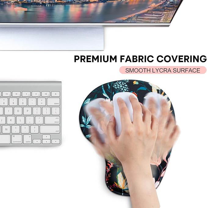 JIKIOU Mouse Pad, 2 Pack Ergonomic Mouse Pads with Comfortable Gel Wrist Rest Support and Lycra Cloth, Non-Slip PU Base for Easy Typing Pain Relief Durable and Easy to Clean Small Black Flowers
