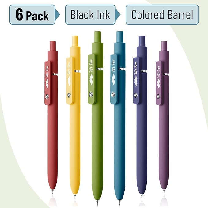 Mr. Pen- Retractable Gel Pens, 6 Pack, Vintage Color Barrels, Black Gel Pens, Fast Dry, Gel Pens Fine Point 0.5mm, Retractable Pens, Cute Pens, Gel Ink Pens, Black Pens, Aesthetic Pens for Journaling