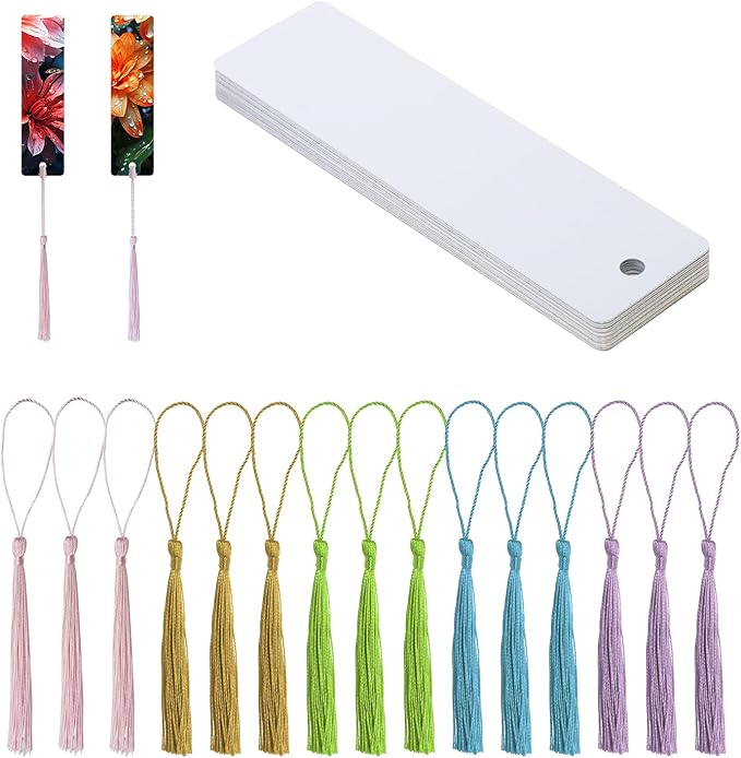 Sublimation Blank Bookmarks 15Pcs Double-Side Heat Transfer Metal Craft Book Marker with 15Pcs Colorful Silky Tassels for Birthday Wedding DIY Projects and Gift Tag (3.2x12cm, Rectangle)