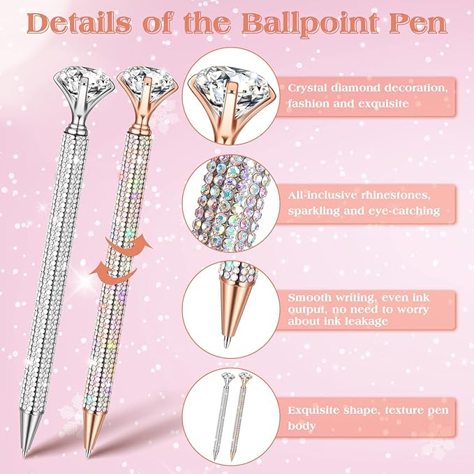 Jeyiour 6 Pcs Big Diamond Pens with Crystal Bling Rhinestone Metal Glitter Diamond Ballpoint Black Ink Pens Wedding Bridal Shower Favors for Birthday Gift Supplies(Silver, Rose Gold)