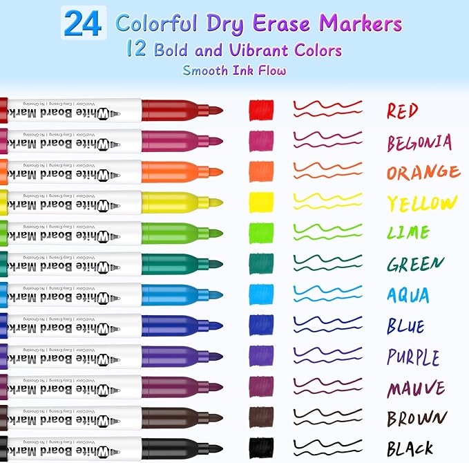 SFAIH Low Odor Dry Erase Markers Fine Tip - Whiteboard Markers 24 Pack 12 Assorted Color, Fine Tip Dry Erase Markers For Kids Adults, Color Markers for Classroom