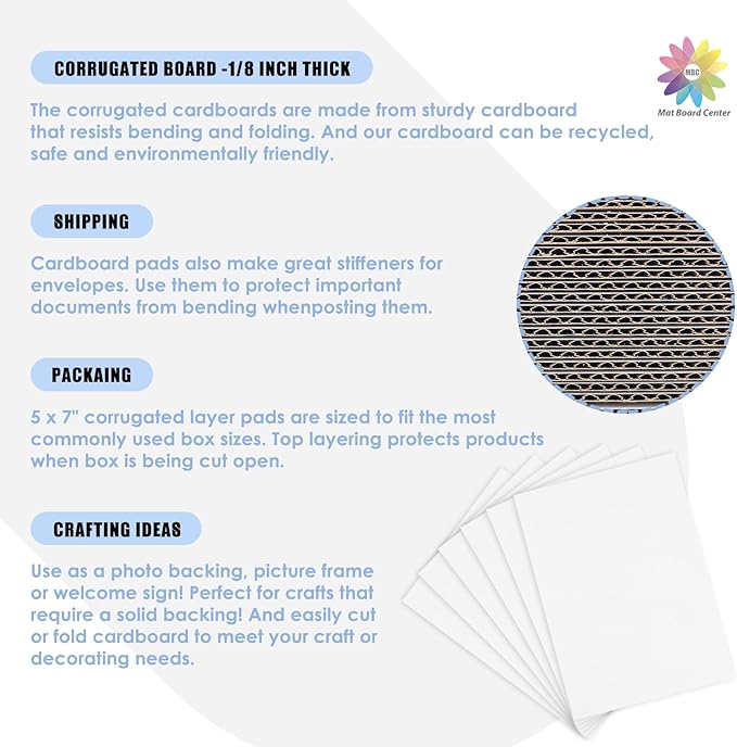 Mat Board Center, 25 pack 5x7 Corrugated Cardboard sheet, 1/8 inch thick, Flat Cardboard Inserts for Mailing, Packaging & Shipping, Cardboard Backing, Craft Card Board (White on one side)