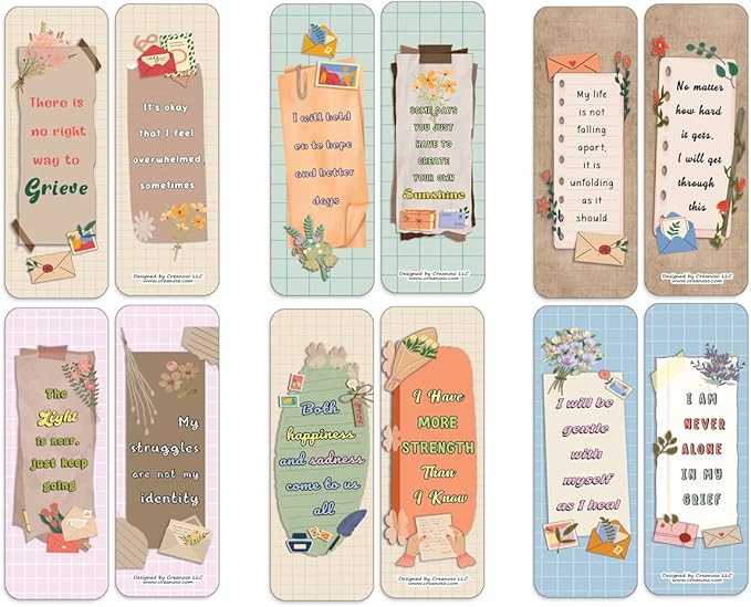 Creanoso Grief and Loss Affirmation Bookmarks (20-Sets x 6 Cards) – Daily Inspirational Card Set – Interesting Book Page Clippers – Great Rewards for Adults and Professionals