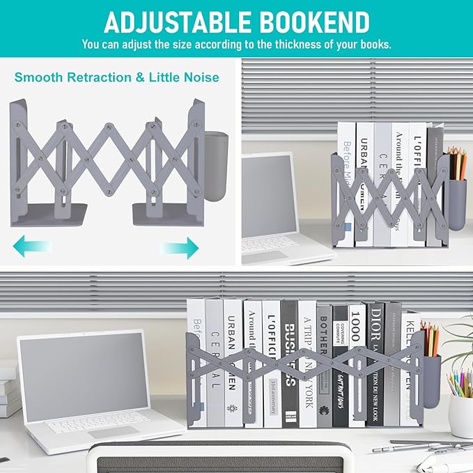 SAYEEC Adjustable Bookends with Pen Holder Expandable Book Ends for Heavy Books Plastic Desk Book Holder Book Stopper Bookcase Magazine Binder Organizer Rack for Shelves Office School Home (Grey)