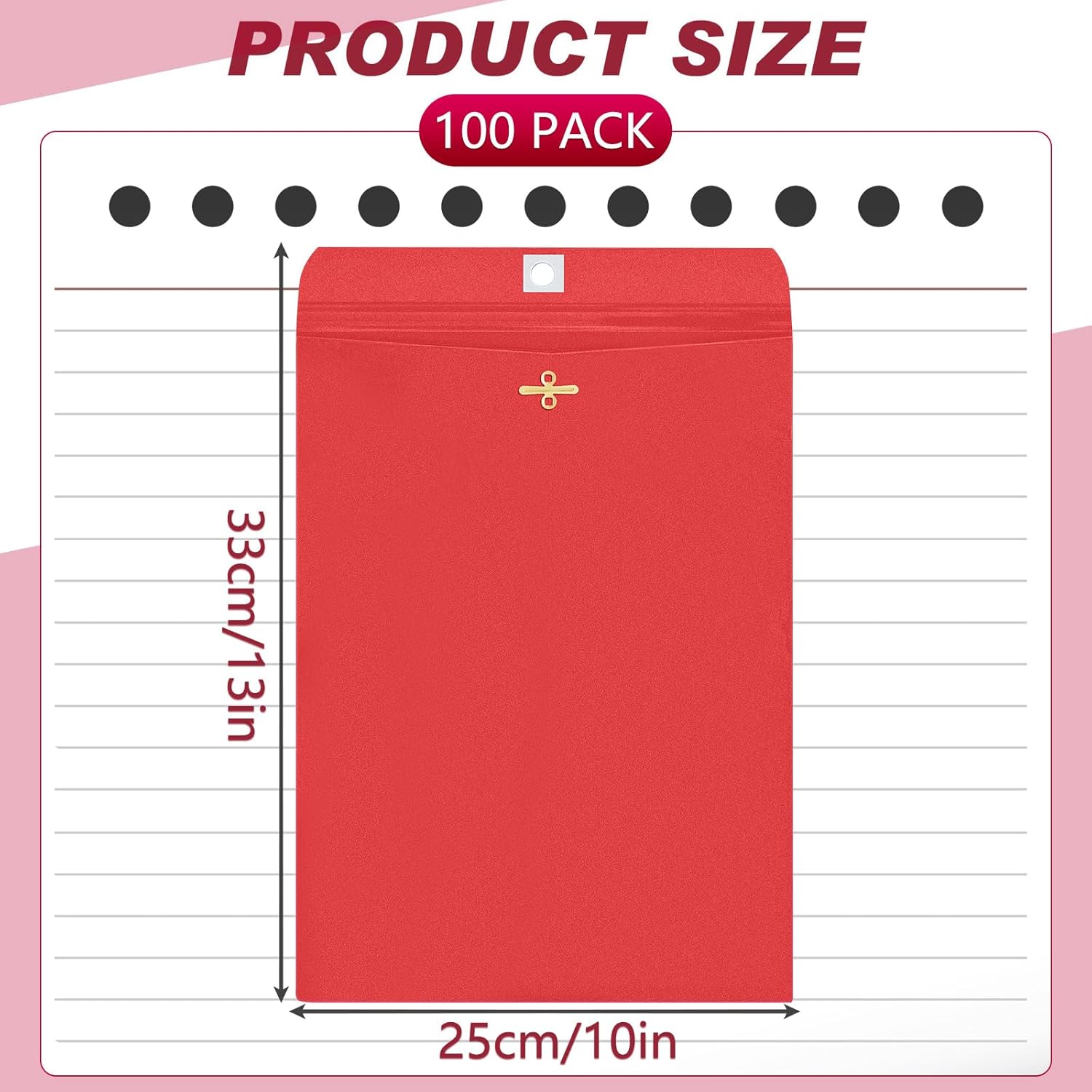 Geyee 100 Pcs Clasp Manilla Envelopes 10 x 13 Inch Gummed Colored Envelopes for Storing or Mailing for Home Office Business Supplies(Red)