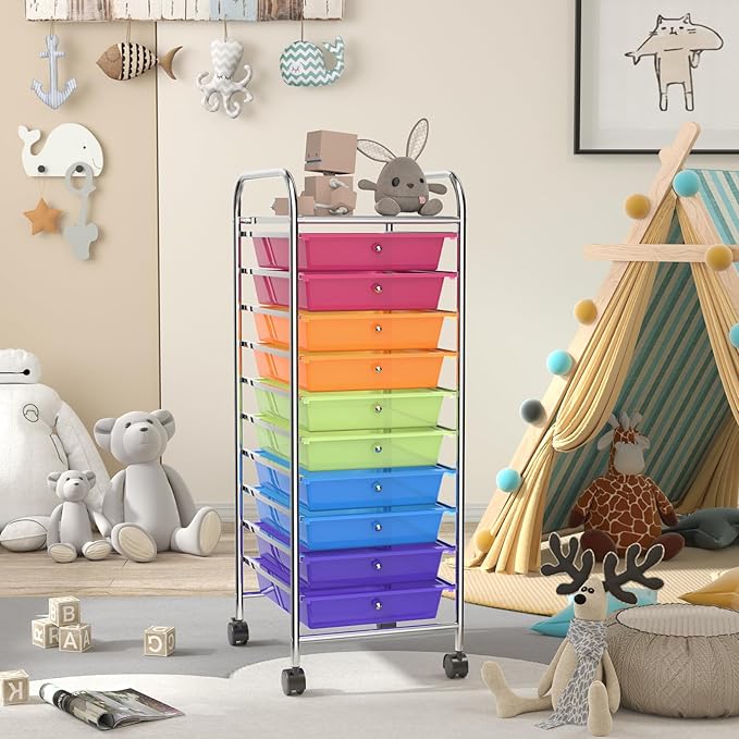 Storage Cart, Rolling Utility Cart with 10 Drawers, Portable Handles & Lockable Wheels, Mobile Paper Toys Storage Organizer Large Capacity for Home Office School Teacher (Rainbow)