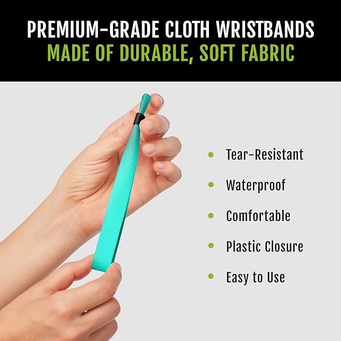 100 WristCo Cloth Event Wristbands - Aqua Fabric Bracelets Wrist Bands for Concerts Festival Admission Party 13 ½” x ½”