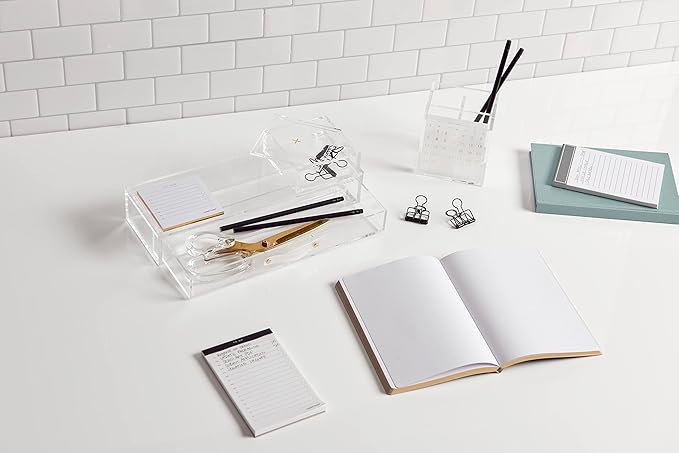 russell+hazel Acrylic Perpetual Calendar and Pencil Bloc Two Compartment Pen Cup, Office Supplies, Clear, 4” x 4”