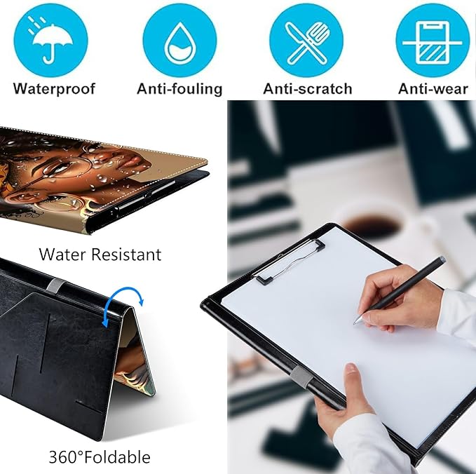 PU Leather Padfolio Clipboard Notepad with Pen Loop and Elastic Strap Interview/Resume Document Organizer for Business School Office,Black African American