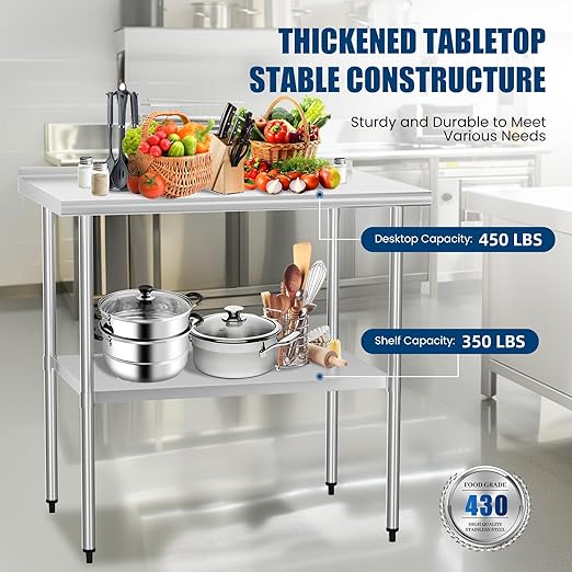 Stainless Steel Table 24 x 36 Inches Metal Prep Table with Backsplash & Adjustable Undershelf for Commercial Kitchen, Outdoor, Restaurant, Hotel & Garage