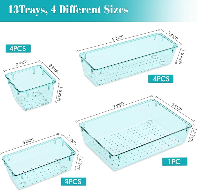 13 PCS Clear Plastic Drawer Organizers Set, 4 Size Desk Drawer Organizer Trays for Makeup, Jewelry, Kitchen Utensils, Gadgets and Office Accessories, Sea Blue