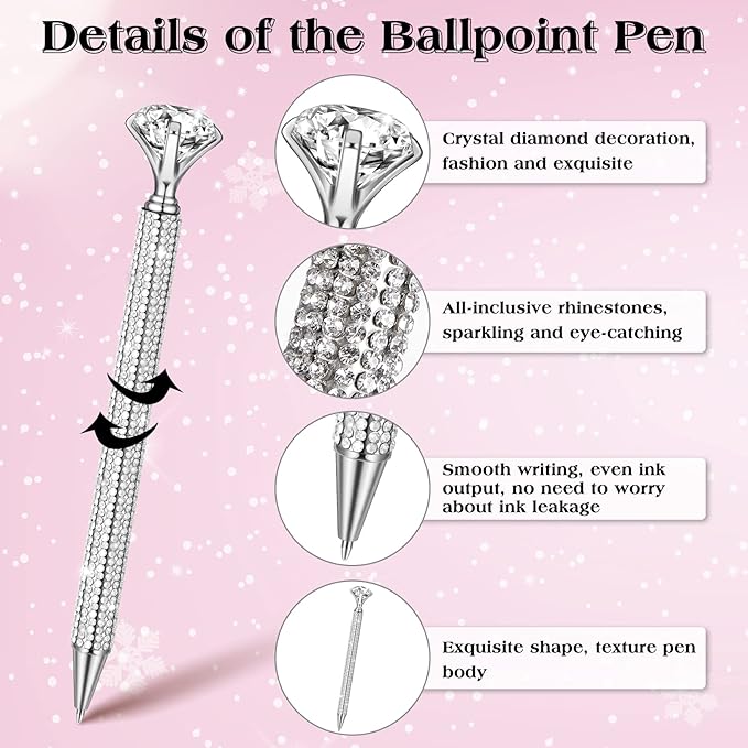 Jeyiour 6 Pcs Big Diamond Pens with Crystal Bling Rhinestone Metal Glitter Diamond Ballpoint Black Ink Pens Wedding Bridal Shower Favors for Birthday Gift Supplies(Silver)