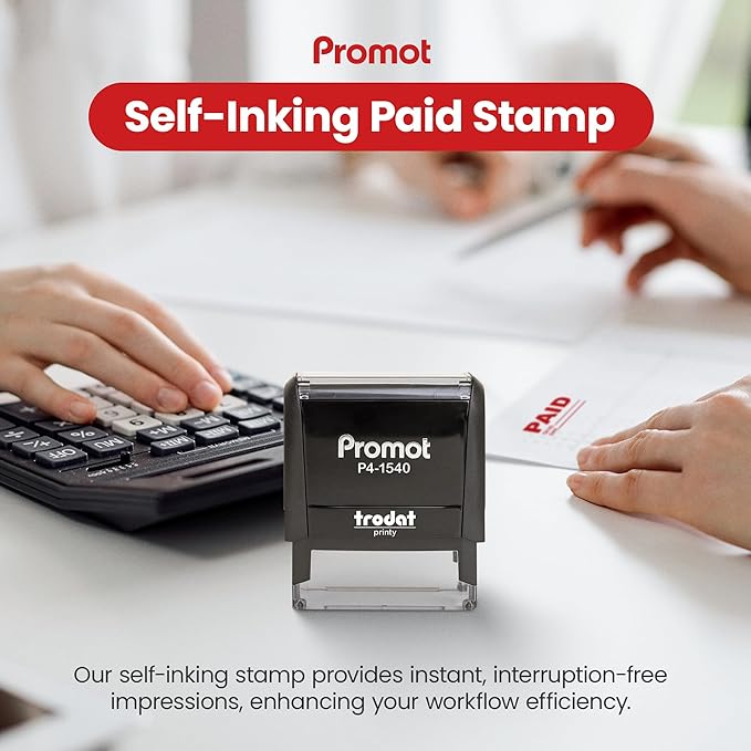 Promot Paid Stamp Self Inking Stamp - Paid Stamp for Office, Accounts Payable Stamp w/Check Number and Date - Rubber Stamps for Retail Use, Red Ink Stamp, Self Inking Stamp for Business Supplies