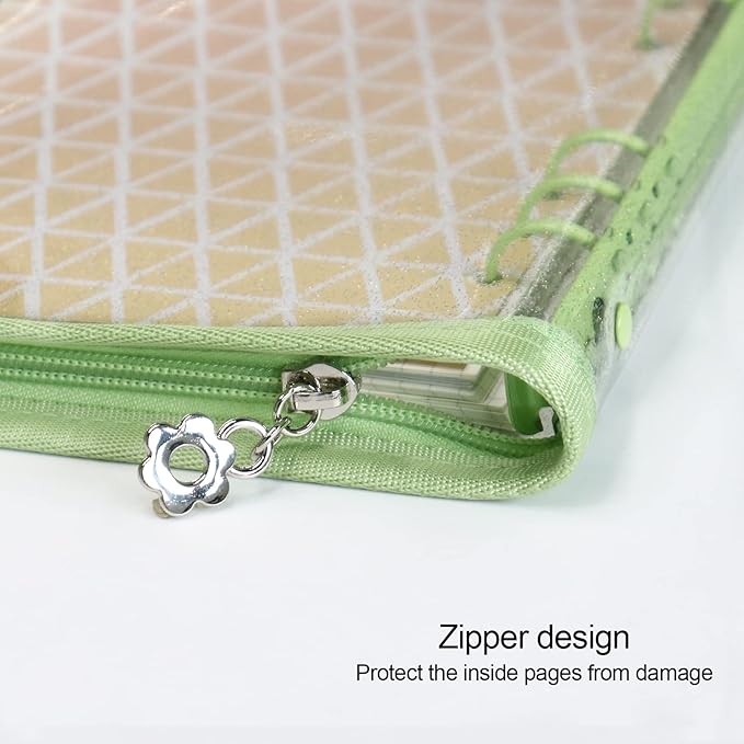 Multibey A5 Binder Cover Clear Soft PVC 6-Ring Binder Budget Evelopes System with Zipper Planner Organizer Refillable Notebook Journal Binder (Grass Green, A5)