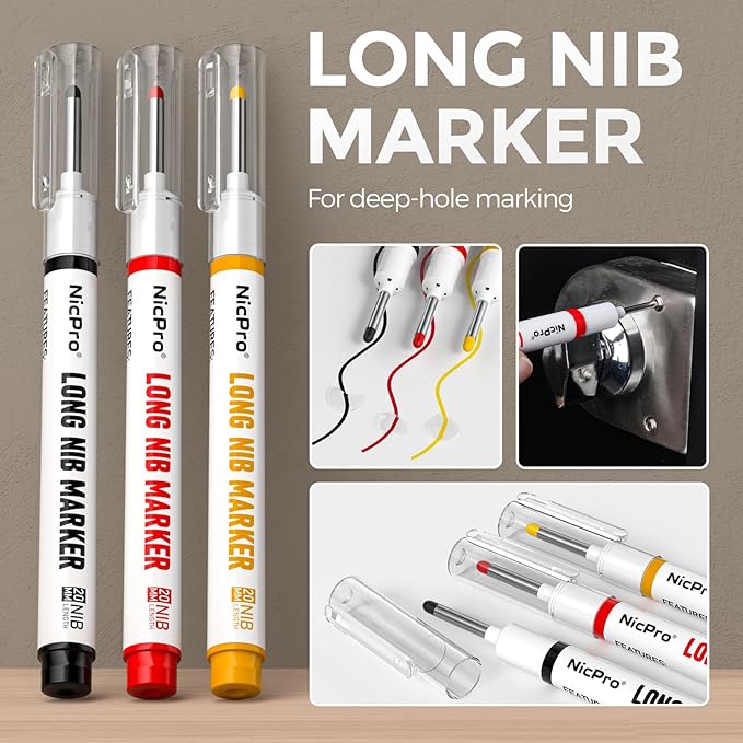 Nicpro 3 Pack CP1000 Carpenter Pencil with Sharpener, Mechanical Carpenter Pencils with 39 Refills, Deep Hole Long Nib Marker Pens for Construction, Heavy Duty Woodworking Pencil for Architect Marking