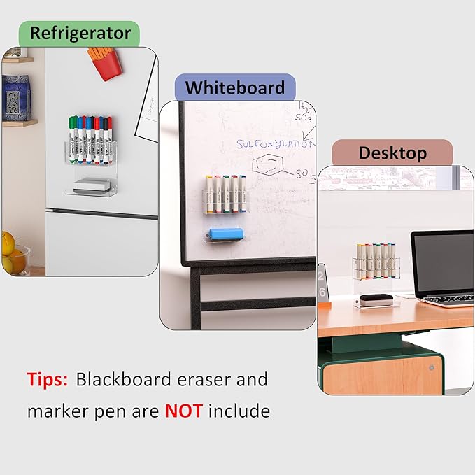 Acrylic Clear Magnetic Whiteboard Marker Holder,Wall Mounted Dry Erase Whiteboard Marker Holder Stand with 10 Marker Solts and Eraser Holder for School Office Home(Clear, 2)