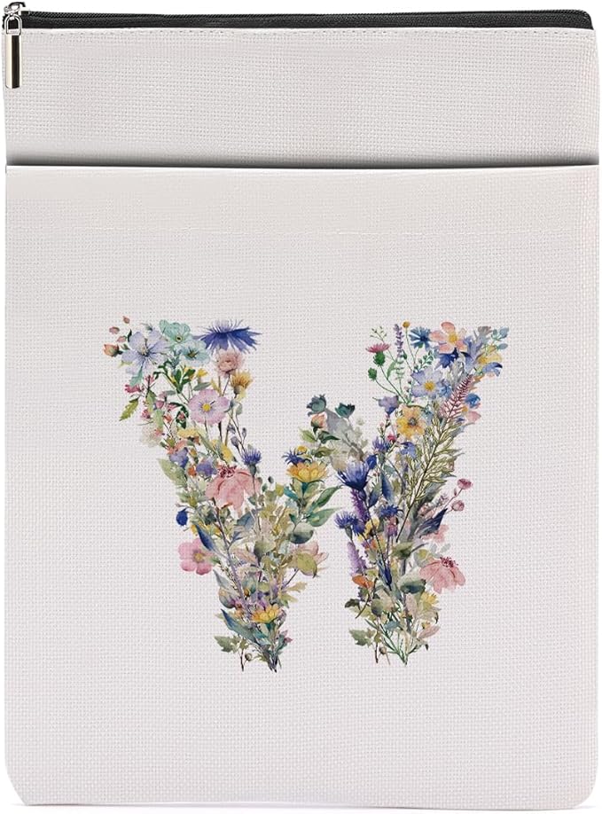 Monogrammed Book Sleeve Floral W Initial Book Pouch Book Accessories Book Lovers Gifts Waterproof Book Cover Book Protector Bookish Gifts Personalized Gifts for Women Girls Readers Bride Wife