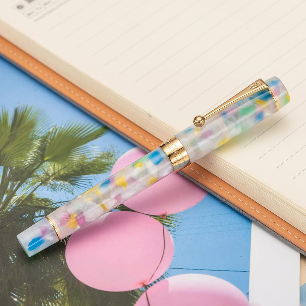 Jinhao 100 Fountain Pen Celluloid Classic Style, #6 Nib Smooth Writing Instrument with Refillable Converter and Pen Case Set