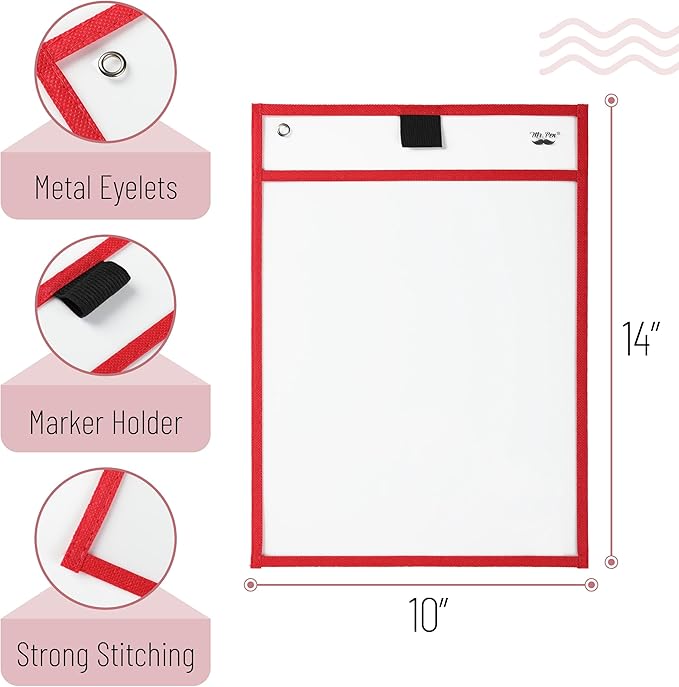 Mr. Pen- Dry Erase Pocket Sleeves, 10"x14", 6 pcs, Colorful Dry Erase Sleeves, Plastic Sleeves for Paper 8.5x11, Dry Erase Pockets Reusable Sleeves, Plastic Paper Sleeves, Dry Erase Sheet Protectors