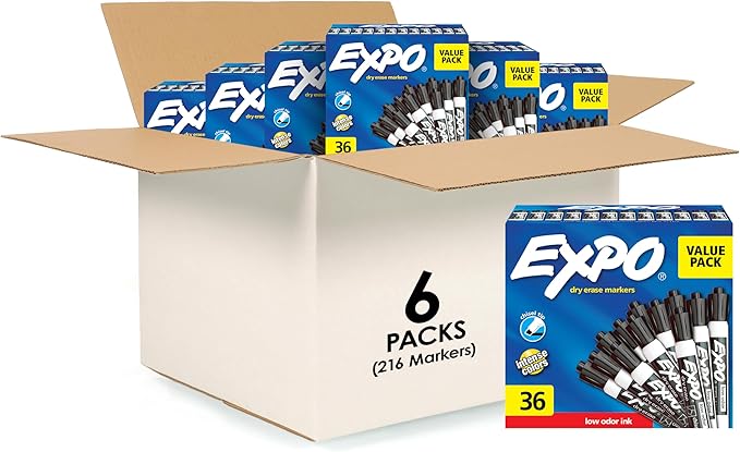 EXPO Low Odor Dry Erase Markers, Fine Tip, Black, (Pack of 6, 216 Count Total)