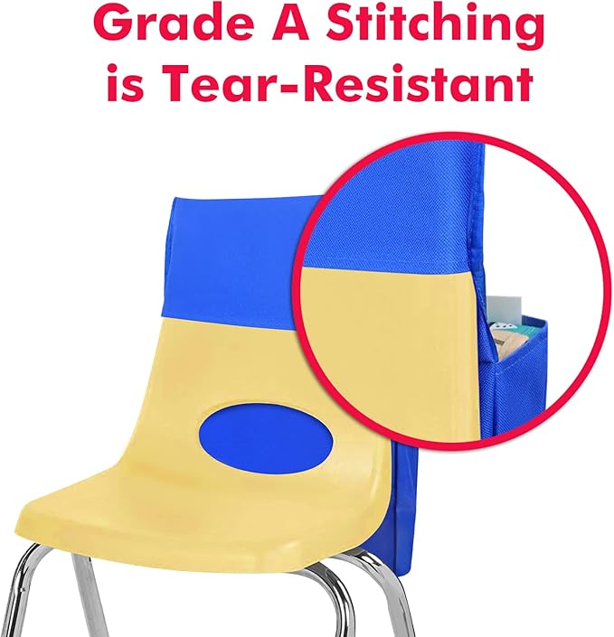 School Seat Chair with Storage Pocket Organizer, Label Slot, Multiple Pockets for School, Home, Classroom, Preschool, Daycare (Red+Blue)