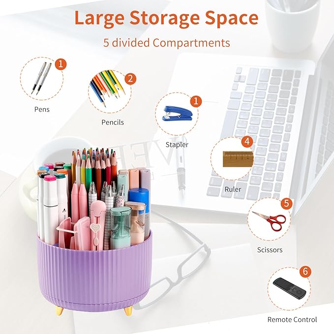 Desk Pencil Pen Holder, 5 Slots 360°Degree Rotating Pencil Pen Organizers for Desk, Desktop Storage Stationery Supplies Organizer, Cute Pencil Cup Pot for Office, School, Home, Art Supply, Purple
