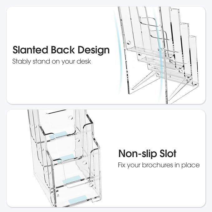 MaxGear Acrylic Brochure Holder, 4-Inch Wide 4 Tier Clear Literature Holder Premium Acrylic Pamphlet Holder Multi Pocket Brochure Display Stand, Wall Mount or Counter Top Use(2 Pack)