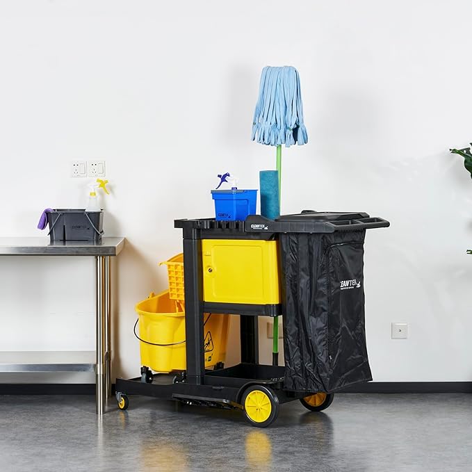 Restaurantware-Clean Tek Professional 3-Shelf Janitor Cart with Wheels, 1 Cleaning Trolley with Cover and 21 Gallon Bag - Includes 1 Single Locking Cabinet, Heavy-Duty, Gray Plastic Janitorial Cart