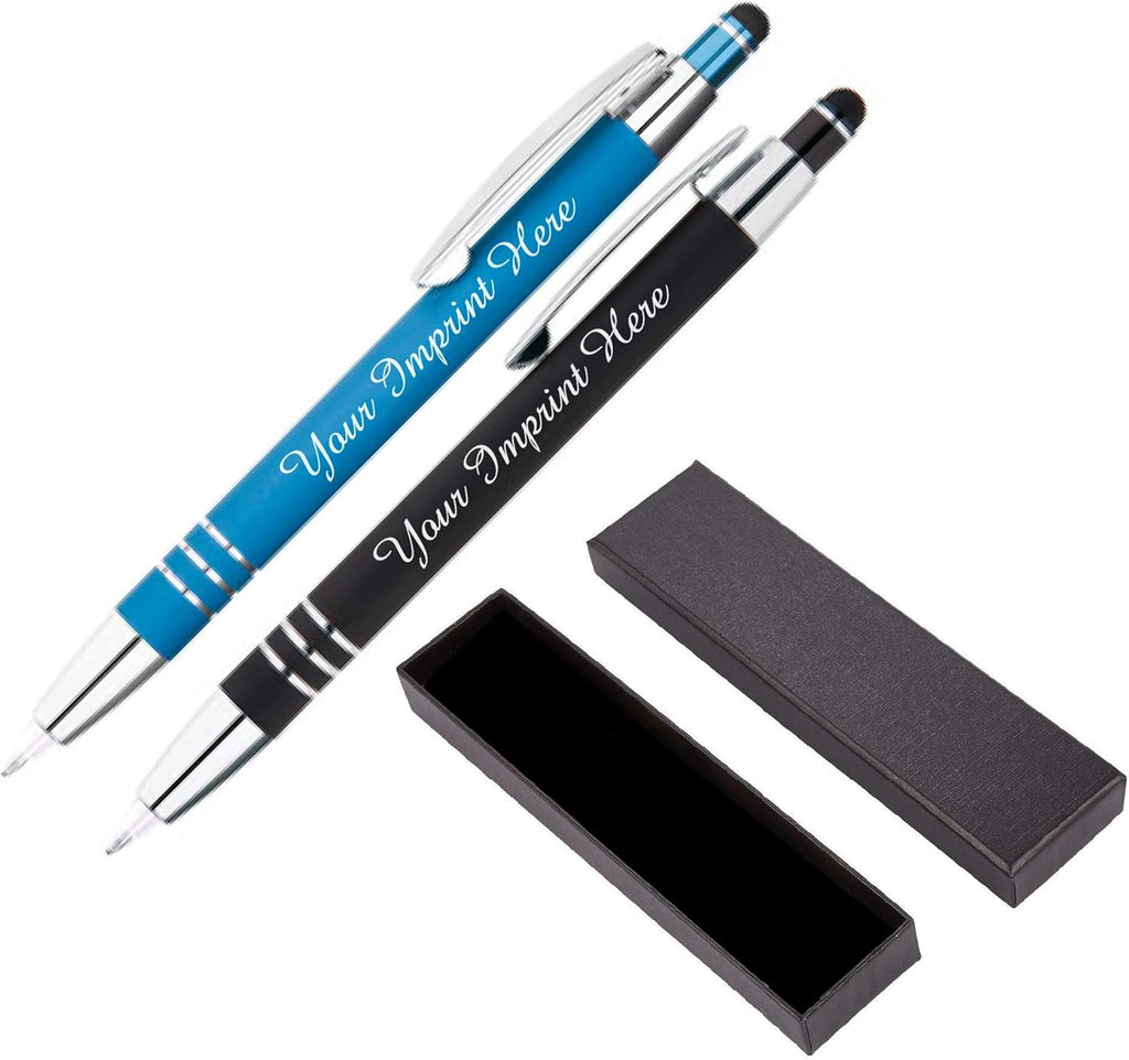 ExpressDesigns™ - Personalized Pens Gift Set - 2 Pack of | LED Flashlight Soft Touch Metal Pens w/gift box | Luxury Ballpoint Pen Custom Engraved with Name or Message | Light Up Pens (Black - Blue)