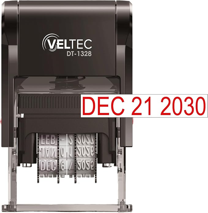 Self Inking Date Stamp with Month, Day, Year - Easy to Use & Adjust, Rubber Head, Sturdy ABS, Uniform Print, 10 Years of Dates, Refillable (Red)