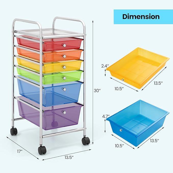 HOMGX 6 Drawer Rolling Storage Cart, 6 Drawer Organizer Trolley, Storage Drawer Carts, Rolling Cart for Office and School Organizer, Color
