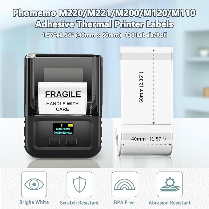 Transparent Thermal Label Paper,Multi-Purpose Label for Phomemo M110/M220/M120/M150/M250 Label Printer, Self-Adhesive Thermal Printer Paper, 1.57"x2.35"(40x60mm) 130 Labels/Roll, Clear