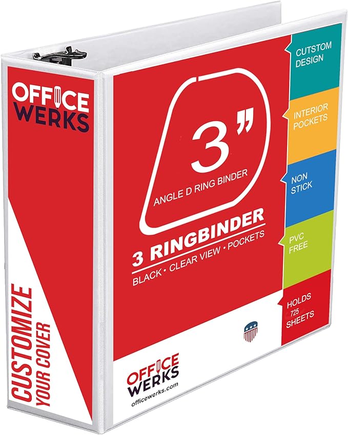 3 Ring Binders, 3 Inch Angle D-Rings, White, 4 Pack, Clear View, Pockets