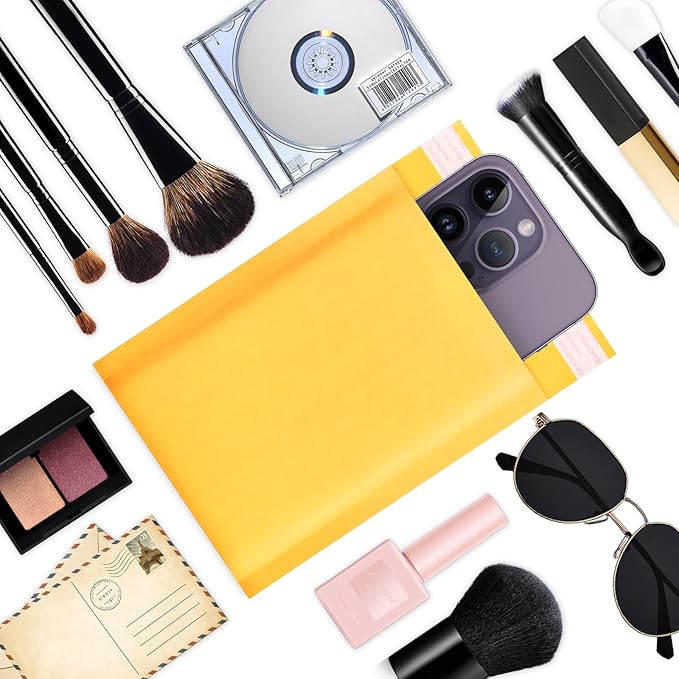 DaSen Kraft bubble mailers 4x7 Inch 50 Pack,Self-Sealing Paper Envelopes for Packaging,Strong Adhesion Envelope Mailers, Small Waterproof Cushioned Padded Shipping Bags Yellow #000