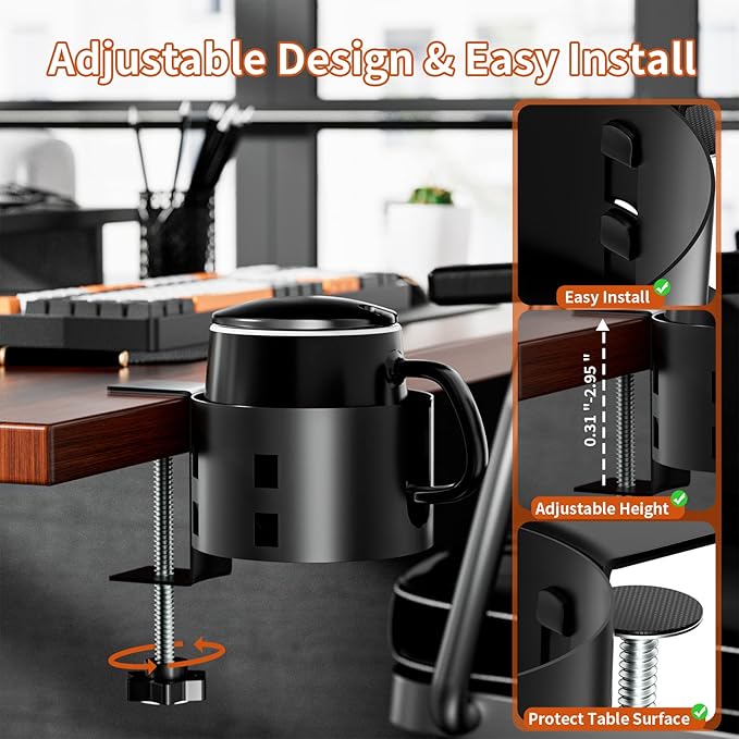 2 Pack Large Desk Cup Holder, OOKUU Anti-Spill Cup Holder for Desk or Table, Sturdy and Durable, Easy to Install, Enough to Hold Coffee Cups, Water Bottles, Gaming PC Office Accessories, Black